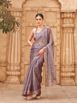 Tikhi Imli - Mauve Colored Embroidered Satin Saree With Unstitched Blouse