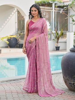 Tikhi Imli - Pink Colored Mirror Embroidery Chiffon Saree With Unstitched Blouse