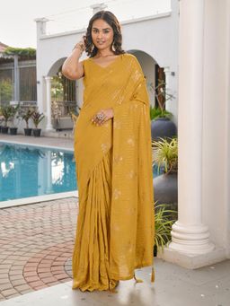 Tikhi Imli - Yellow Colored Foil Embellished Pre-Draped Saree With Unstitched Blouse