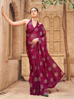 Tikhi Imli - Pink Colored Foil Printed Pre-Draped Saree With Unstitched Blouse
