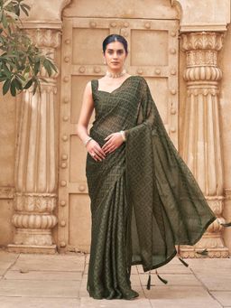 Tikhi Imli - Olive Colored Woven Pre-Draped Saree With Unstitched Blouse