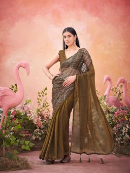 Tikhi Imli - Gold Colored Designer Sequin Saree With Unstitched Blouse