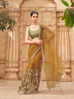 Tikhi Imli - Mustard Colored Embroidered Net Saree With Unstitched Blouse