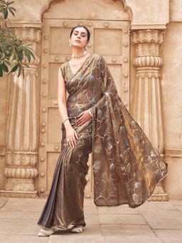 Tikhi Imli - Foil Embellished Gold Pre-Draped Saree With Unstitched Blouse