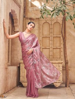 Tikhi Imli - Foil Embellished Pink Pre-Draped Saree With Unstitched Blouse