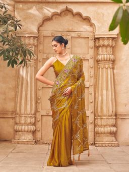 Tikhi Imli - Gold Colored Sequin Embroidery On Pallu Designer Satin Saree With Unstitched Blouse
