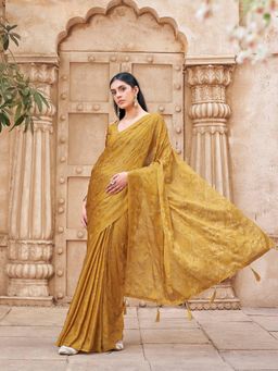 Tikhi Imli - Mustard Colored Satin Pre-Draped Saree With Unstitched Blouse