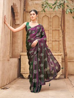 Tikhi Imli - Burgundy Foil Printed Pre-Draped Saree With Unstitched Blouse