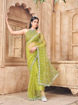Tikhi Imli - Neon Green Colored Embroidered Designer Net Saree With Unstitched Blouse