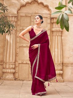 Tikhi Imli - Maroon Foil Embroidered Border Pre-Draped Saree With Unstitched Blouse