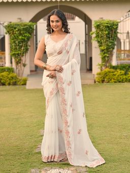 Tikhi Imli - Off White Colored Shimmer Georgette Base Embroidered Saree With Unstitched Blouse