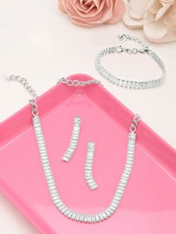 Zaveri Pearls - Silver Tone Baguette Cubic Zirconia Necklace Earring and Bracelet Set-ZPFK12580