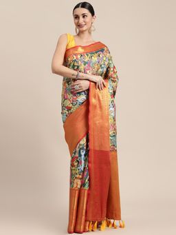 Vastranand - Teal Soft Banarasi Silk Kalamkari Block Print Party Wear Saree with Unstitched Blouse