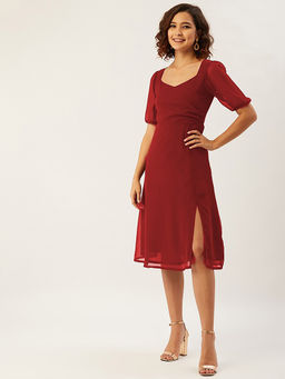 ANVI Be Yourself - Sweetheart Neck Puff Sleeve Front Slit Midi Dress Maroon
