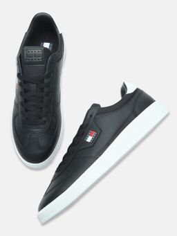 Tommy Hilfiger - Black Leather Round Toe Synthetic Pair Of Sneakers
