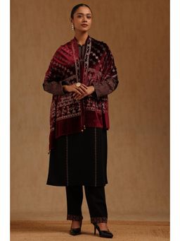 Soch - Womens Brick Red Velvet Embroidered Shawl