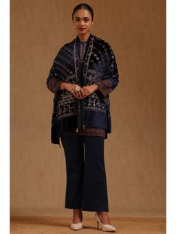 Soch - Womens Navy Blue Velvet Embroidered Shawl
