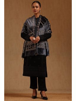 Soch - Womens Grey Velvet Embroidered Shawl