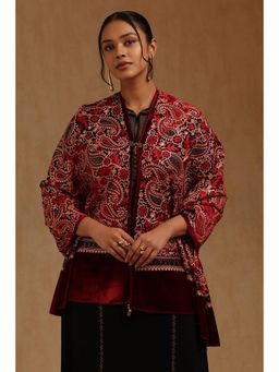 Soch - Womens Maroon Velvet Embroidered Shawl