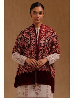 Soch - Womens Maroon Velvet Embroidered Shawl