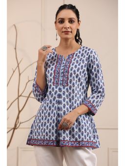 Rain & Rainbow - Women Blue Printed Sequinned Pure Cotton Kurti