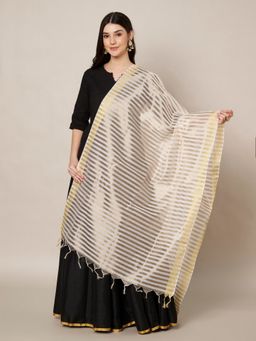 MUFFLY - Cream Striped Elegant Festive and Party Wear Dupatta