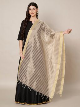 MUFFLY - Beige Striped Elegant Festive and Party Wear Dupatta