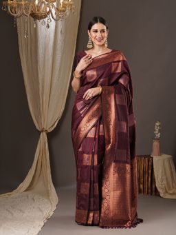 Akhilam - Womens Silk Blend Burgundy Woven Design Saree with Unstitched Blouse