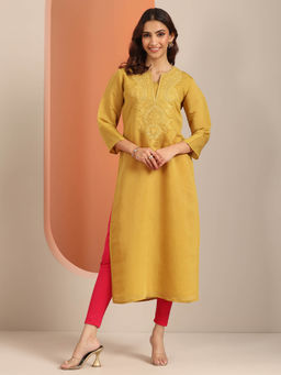 Libas - Mustard Yoke Embroidered Kurta with Mirror Work