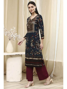 Biba - Women Teal Floral Printed Straight Kurta