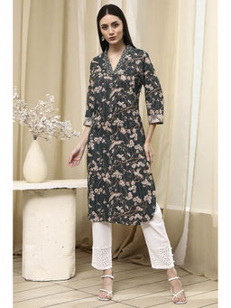 Biba - Women Dark Green Cotton Printed Straight Kurta