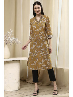 Biba - Women Mustard Yellow Cotton Printed Straight Kurta