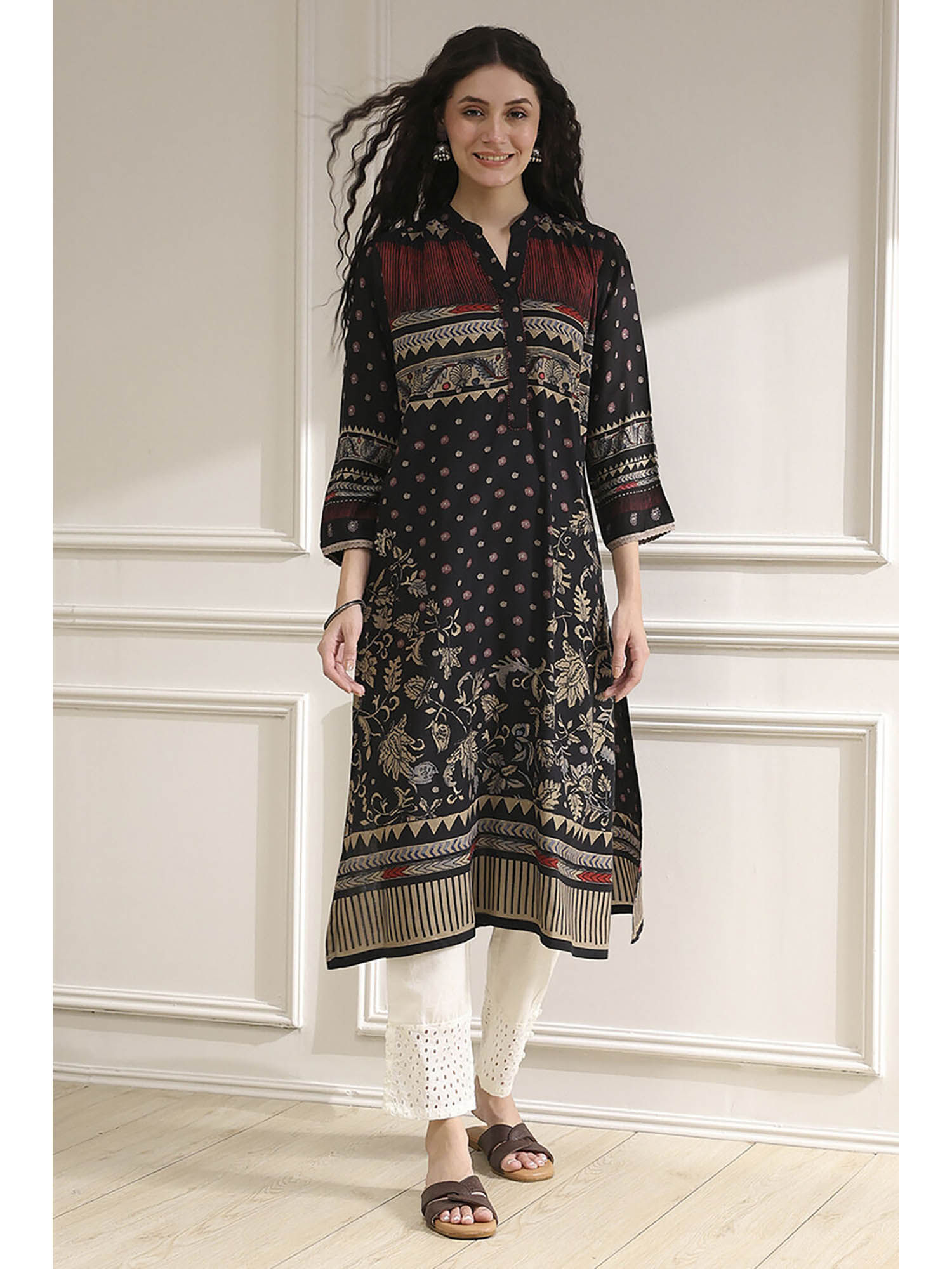 biba Women Black Viscose Rayon Straight Printed Kurta-picture-10