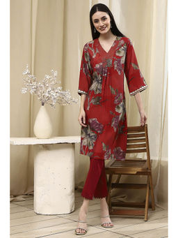 Biba - Women Coral Red Floral Printed Straight Kurta