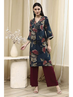 Biba - Women Navy Blue Floral Printed Straight Kurta