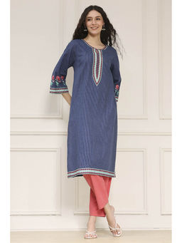 Biba - Women Indigo Blue Cotton Straight Printed Kurta