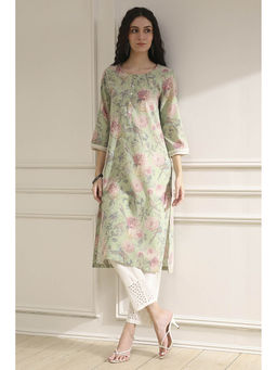 Biba - Women Light Green Cotton Blend Straight Printed Kurta