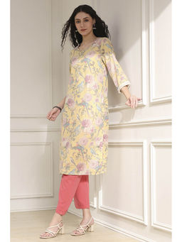 Biba - Women Yellow Cotton Blend Straight Printed Kurta