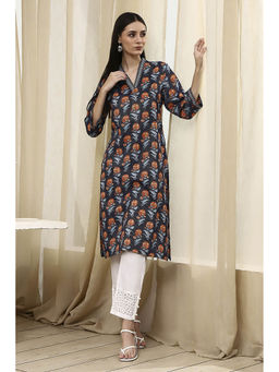 Biba - Women Blue Cotton Printed Straight Kurta