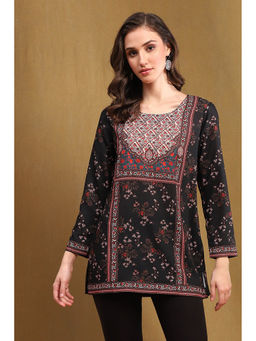 Biba - Women Black Crepe Straight Printed Short Kurti