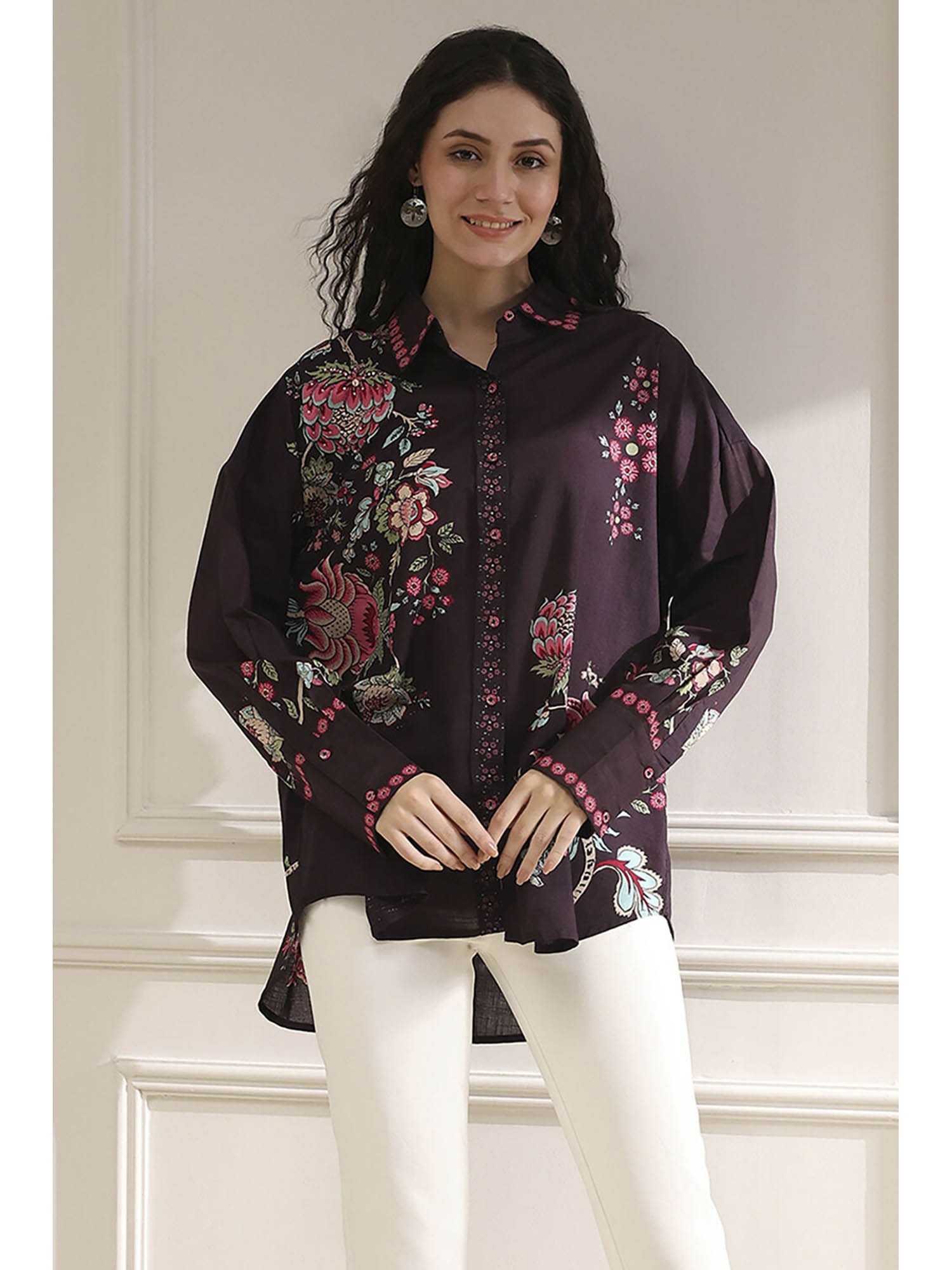 biba Women Brown Cotton Floral Shirt-picture-13