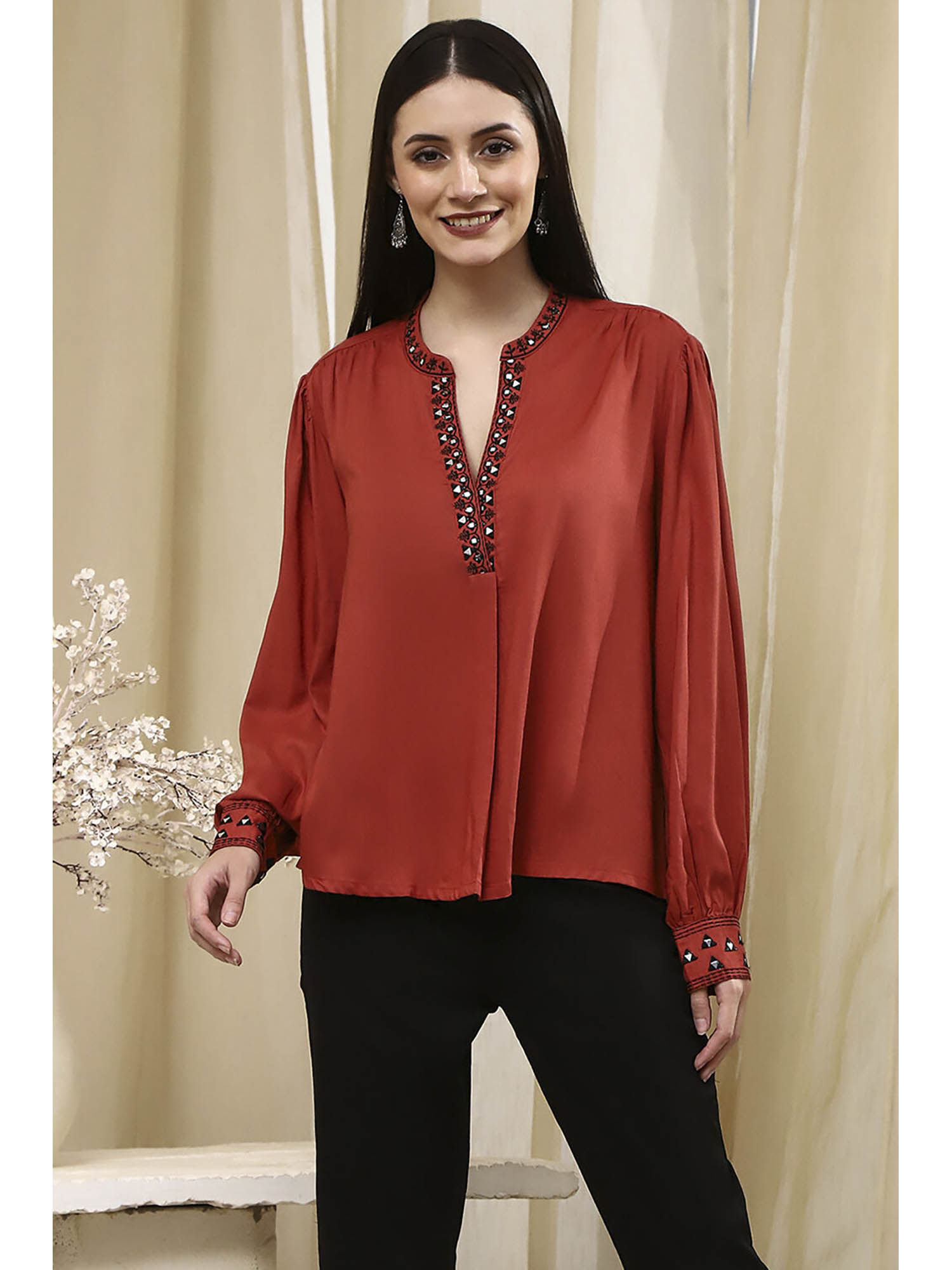 biba Women Rust Mirror Work Straight Top-picture-37
