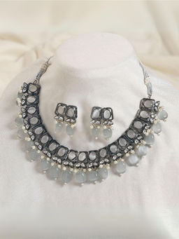 BeAbhika - Grey Semi Precious Stones Necklace with Earrings