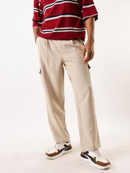 High Star - Beige Solid Relaxed Fit Mid-Rise Korean Pleated Trousers