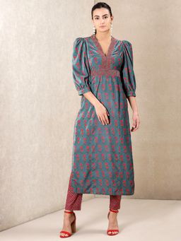 Ritu Kumar - Teal Printed Velvet Kurta With Pant (Set of 2)