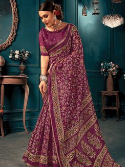Odette - Womens Purple Cotton Printed Saree with Unstitched Blouse