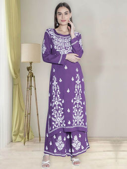 Seva Chikan - Hand Embroidered Purple Modal Cotton Kurta with Palazzo (Set of 2)