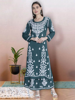 Seva Chikan - Hand Embroidered Dark Green Modal Cotton Kurta with Palazzo (Set of 2)