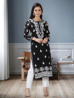 Seva Chikan - Hand Embroidered Black Georgette Kurta with Pant & Slip (Set of 3)