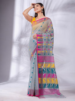 CHARUKRITI - Grey Silk Cotton Handwoven Soft Jamdani Saree with Unstitched Blouse